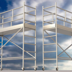 Scaffold towers on blue cloudy sky background. Scaffolding movable structrure, metal platforms for construction, maintenance works with safety. 3d illustration